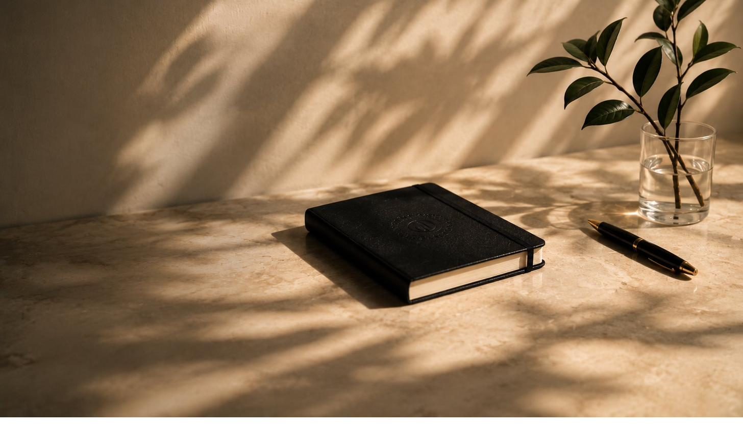Notizbuch und Stift auf hellem Tisch im Tageslicht