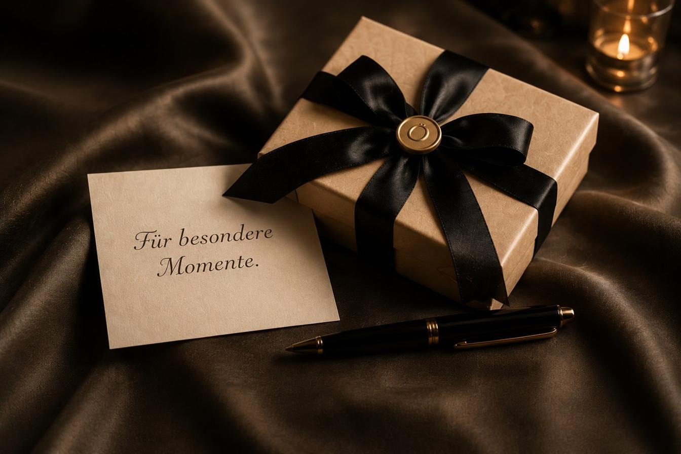 Elegant verpacktes Geschenk mit schwarzer Schleife und Karte