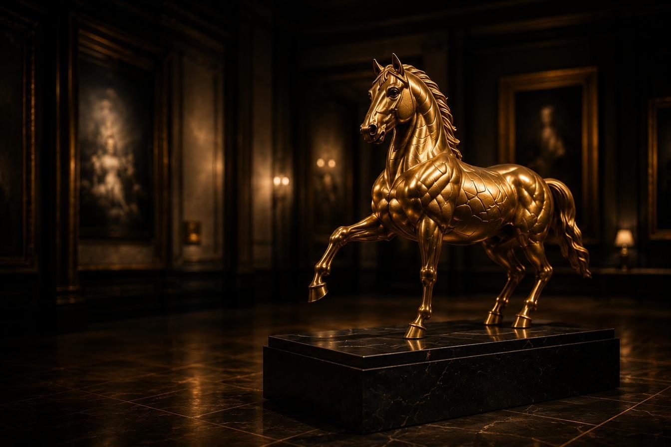 Goldene Pferdeskulptur in einem dunklen Galerieraum