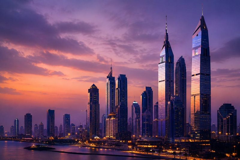 Skyline von Dubai bei Sonnenuntergang