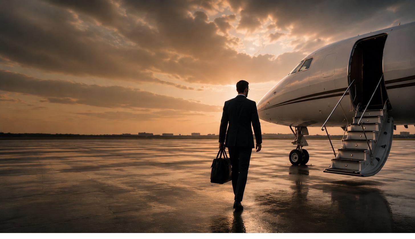 Geschäftsreisender geht bei Sonnenuntergang zu einem privaten Jet