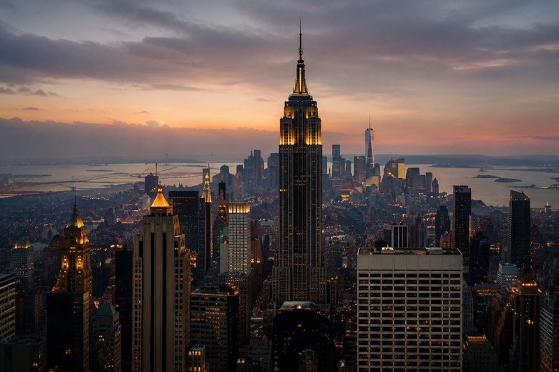 Skyline von New York in der Abenddämmerung