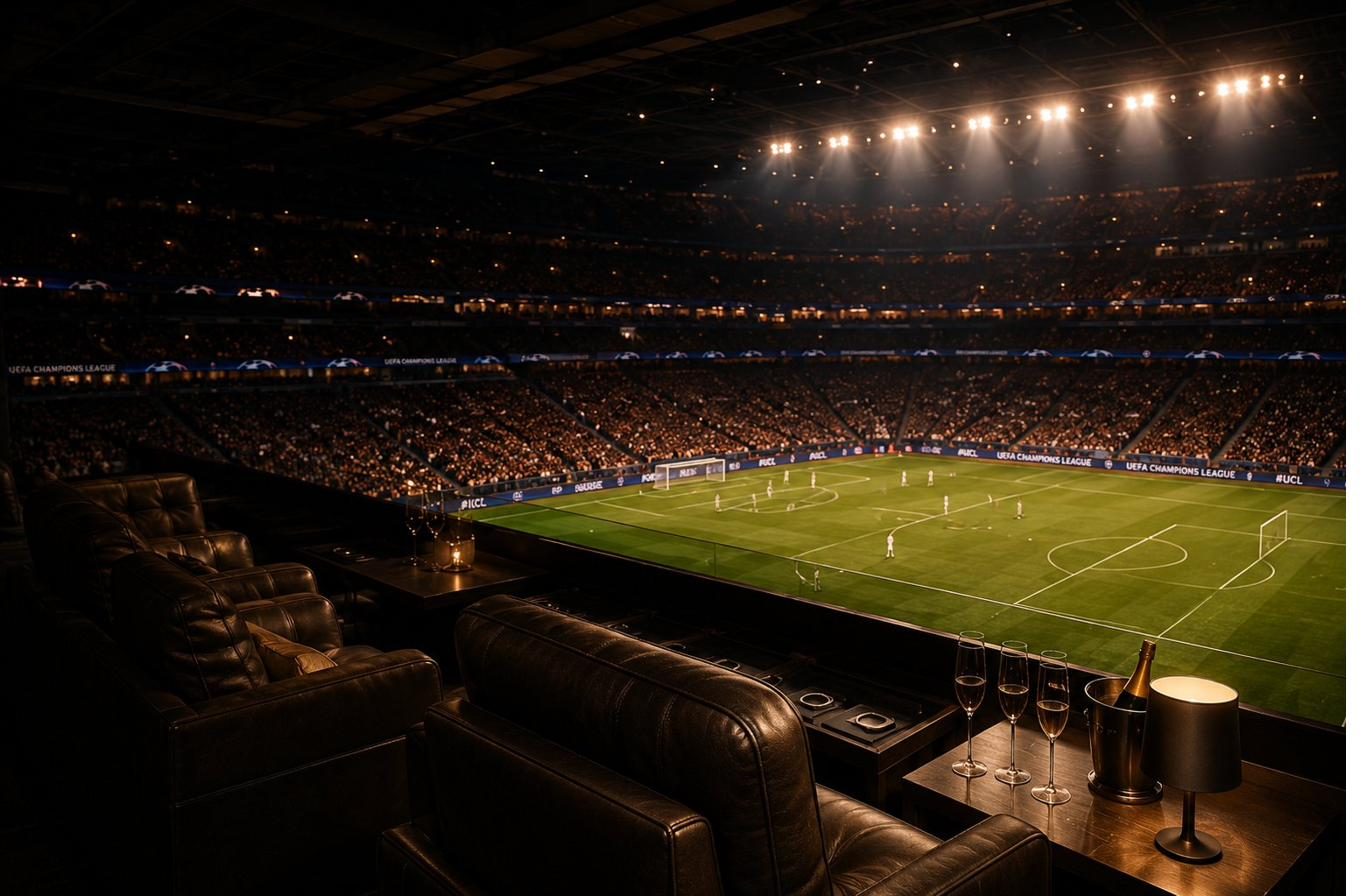 VIP-Loge mit Blick auf ein ausverkauftes Stadion bei Nacht