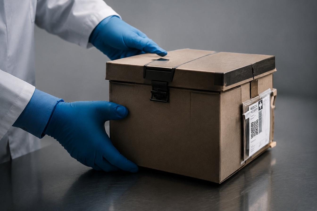 Person mit Schutzhandschuhen versiegelt eine medizinische Eilsendung